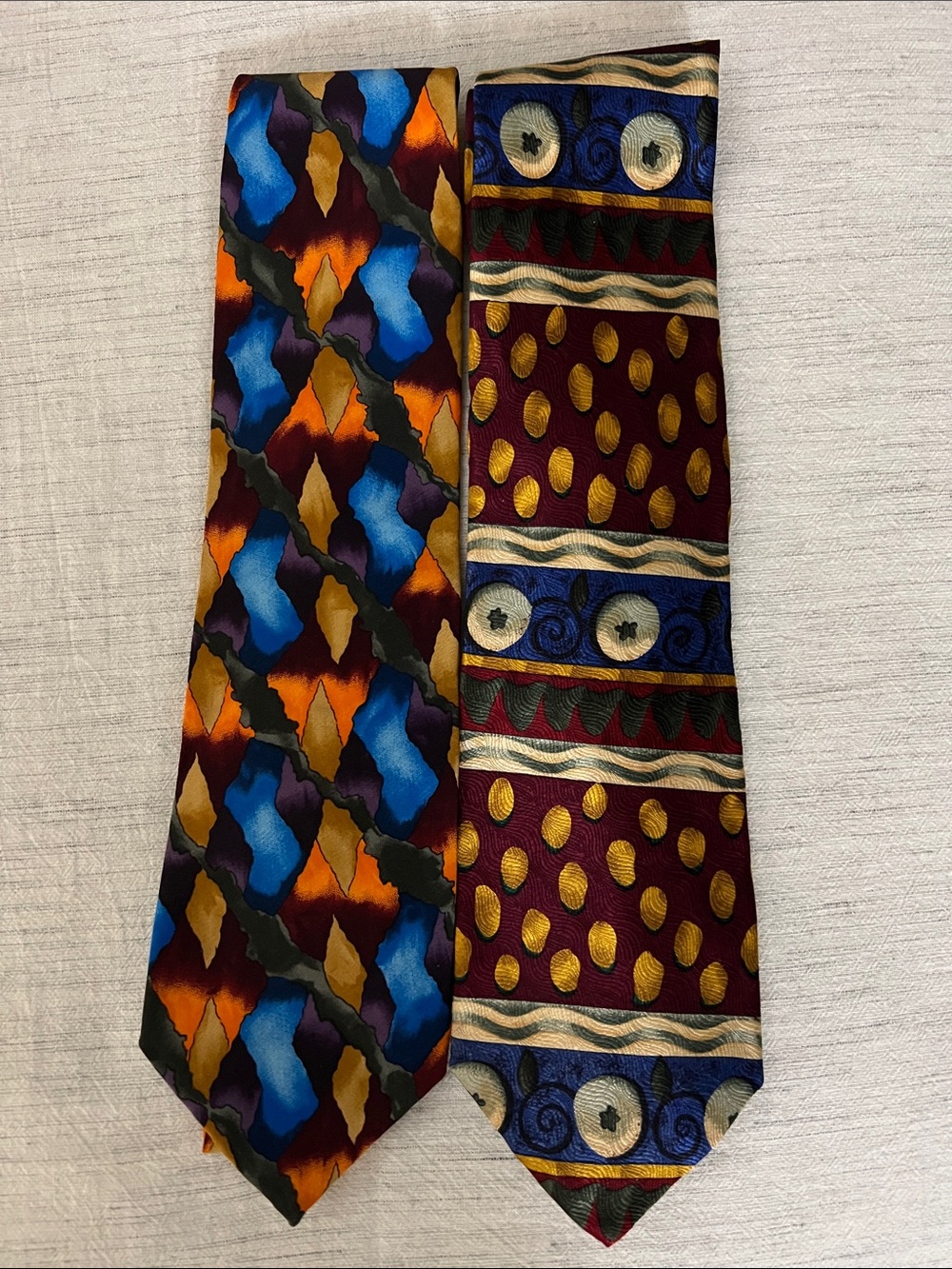 J. Garcia Multicolor Blue, Orange, Gold & Burgundy Patterned Silk Ties - Pair